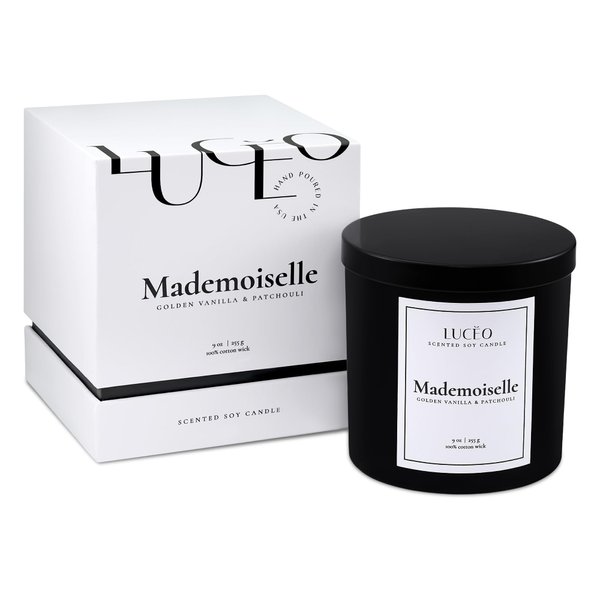 The LUCEO Premium Mademoiselle Candle, Patchouli and Golden Vanilla Candle | Hand-Poured Luxury Scented Candles for Home Decor | Paraffin-Free Soy Candles for Women and Men | 9 oz
