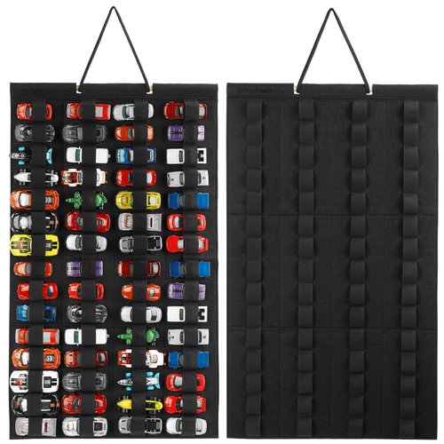 JOYMOMO Hanging Storage Organizer for Toy Cars Felt Display Case Hold Up 60 Toy Cars (Without Accessories)(Black)
