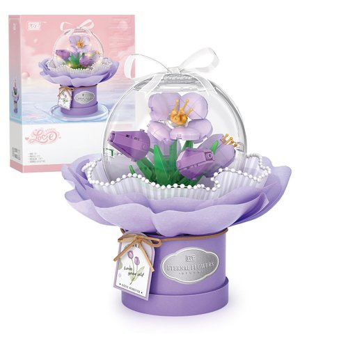 MEIEST Flower Building Blocks Set with Dust-Proof Dome,Simulation Bouquet for Valentine's Day,Bonsai Building Bricks Toys,Home Decor (Tulip)