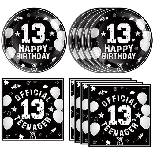 13th Birthday Party Supplies Black Themed 13th Disposable Tableware Decorations Plates Napkins Se...