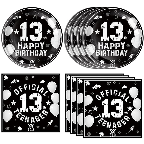 13th Birthday Party Supplies Black Themed 13th Disposable Tableware Decorations Plates Napkins Set for Kids Boys Teenager Favors