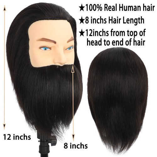 Male Mannequin Head with Beard 100% Human Hair Haircut Manikin Head for Cosmetology Straight Thick Hair Doll Head with Human Hair with Stand Practice Cutting Styling