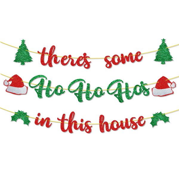 Ushinemi Pre-Strung There's Some Ho Ho Hos in This House Banner, NO DIY Funny Christmas Decorations, Glitter Xmas Holiday Party Banner Sign