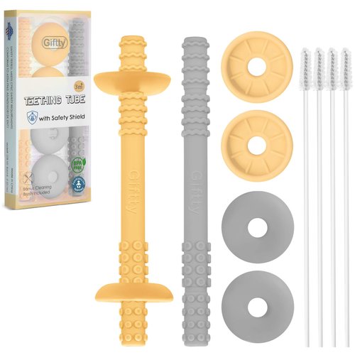 Teething Tube with Safety Shield Baby Hollow Teether Sensory Toys Gum Massager, Food-Grade Silicone for Infant 3-12 Months Boys Girls, 1 Pair with 4 Cleaning Brush Included (Tangerine +Gray)