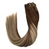 Human Hair Extensions Ubetta Clip in Hair Brown to Chocolate Brown with Honey Blonde Highlights Remy Clip in Hair Extensions for Women 7 pcs Double Weft Clip in Real Hair Extensions 16 Inch 120 Gram