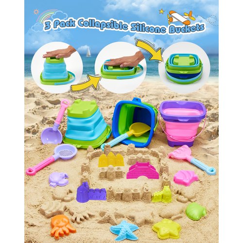 Unistylar Beach Toys, Sand Beach Toys for Toddlers with 3 Collapsible Foldable Sand Bucket and Shovels, Mesh Bag, Sand Castle Animal Molds Sets, Travel Sand Toys, Sandbox Toys for Kids Age 3-10