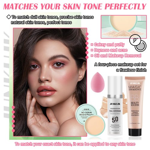 Color Changing Full Coverage Liquid Foundation Makeup Gift Set,Moisturizing BB Cream for Women,Flawless Loose Setting Powder Face Primer Base Makeup Kit With Makeup Sponge