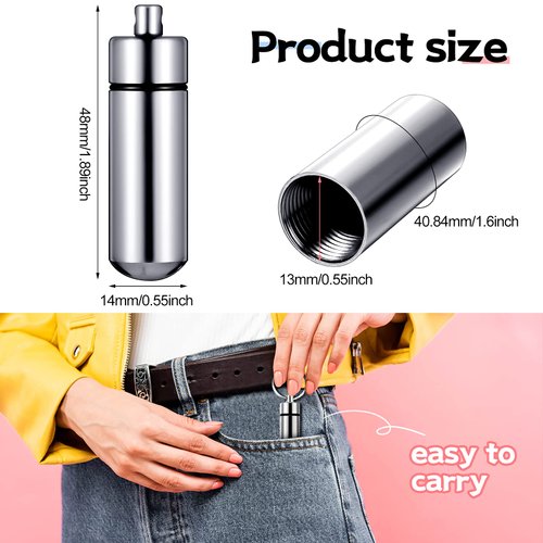 12 Pieces Portable Pill Case First Aid Pill Container Mini Pill Container Waterproof Aluminum Keychain Pill Case Keychain for Medications, Vitamins and Supplements (Black and Silver)