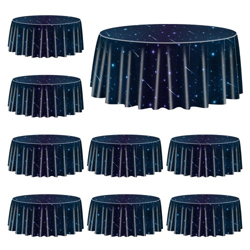 9 Pack Space Tablecloths for Round Table, Space Explore Theme Plastic Round Table Cover for Galaxy Theme Party, Outer Space Stars Theme Birthday Decorations, Kids Birthday Party Supplies, 84x84''
