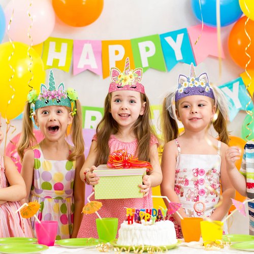 Sinmoe 32 Pcs Unicorn Party Supplies: Birthday Hats, Paper Crowns, Headbands for Girls' Princess & Boys' Dress-Up Theme with 16 Styles