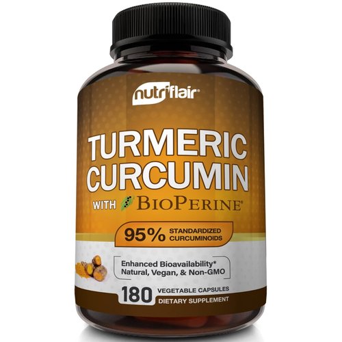 NutriFlair Turmeric Curcumin with BioPerine - 1300mg, 180 Capsules - 95% Standardized Curcuminoids Turmeric Supplement Extract with Black Pepper for Optimal Absorption - 180 Capsules