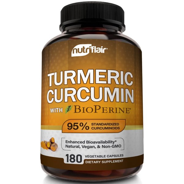 NutriFlair Turmeric Curcumin with BioPerine - 1300mg, 180 Capsules - 95% Standardized Curcuminoids Turmeric Supplement Extract with Black Pepper for Optimal Absorption - 180 Capsules
