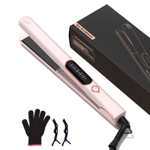 1 Inch Hair Straightener and Curler 2 in 1, Ceramic Titanium Flat Iron,Pink Dual Voltage Straightening Irons with Fast Heating,Glove and 2 Clips Include