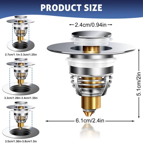 AURUZA 2 Pack Universal Bathroom Sink Stopper, Sink Strainer for 1.1-1.5 Inch Bullet Core Push Type Basin Pop Up Drain Filter,Bathtub Converter with Anti Clogging Filter Basket Hair Catcher