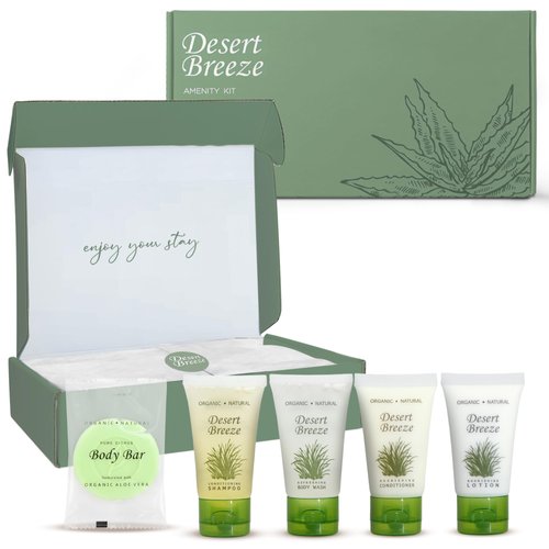 Desert Breeze Amenity Kit | Boxed Hotel Toiletries | Bulk Set 1oz Travel Size Shampoo, Conditioner, Lotion, Body Wash & Body Bar Soap for Guest Hospitality AirBnB/Vacation Rentals | 1 set per case