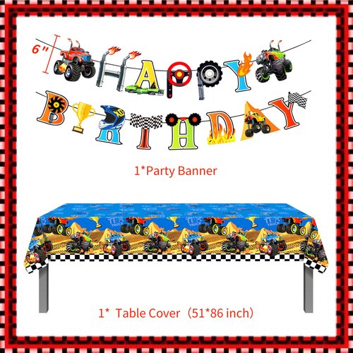 60 PCS Monster Trucks Birthday Decoration Monster Trucks Party Supplies Monster Trucks Party Plates and Napkins Monster Trucks Tablecloth Monster Trucks Birthday Banner