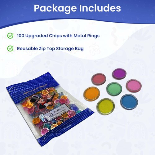 MR CHIPS Magnetic Bingo Chips with Metal Edge 3/4 Inch - 100 Upgraded Pieces Assorted Transparent Bingo Chips - Available in 7 Colors in A Reusable Bag