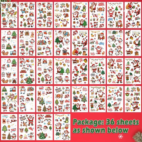 36 Sheets Christmas Temporary Tattoos, Snowman Penguin Elk Santa Tattoos for Christmas Stocking Stuffers & Gifts Party Favors for Kids, Waterproof Available for 2-3 Days, Makeup Remover Water Washable