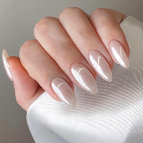 Chrome Press on Nails Almond Medium Length Pearl White Fake Nails Glossy Full Cover Nails Classic Stick on Nails Acrylic Nails for Women and Girls 24 Pcs