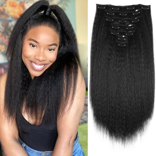 Quantum Love Kinky Straight Clips in Hair Extensions Full Head Yaki Straight Clip Ins for Black W...