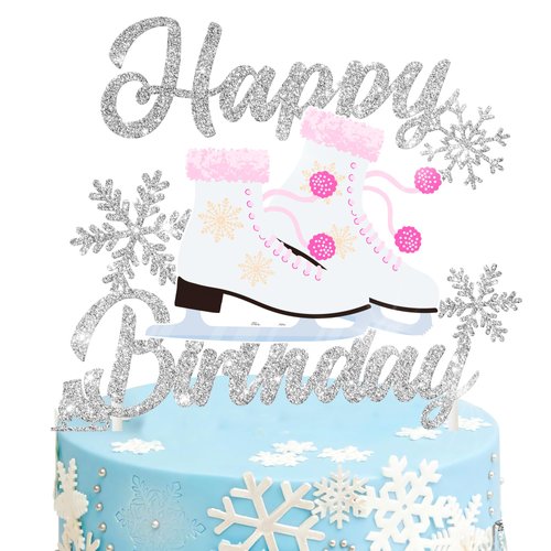 Ice Skating Birthday Cake Topper Silver Glitter Snowflake Roller Skates Cake Decorations Ice Skating Party Favors for Kids Winter Ice Skating Theme Birthday Party Winter Birthday Decor