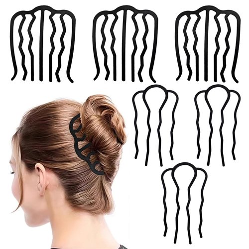 6 Pcs Metal Hair Side Combs, 4 Teeth and 7 Teeth U Shape Hair Fork Stick, Vintage Styling Updo Bun Hair Clips Comb Accessories for Women Thick Thin Hair (Black)