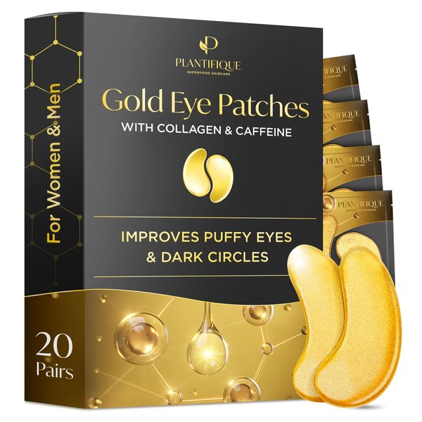 PLANTIFIQUE Gold Under Eye Patches for Puffy Eyes and Dark Circles 20 Pairs Under Eye Masks for Dark Circles and Puffiness Eye Gels with Collagen & Caffeine Anti Aging Gold Eye Mask Skincare