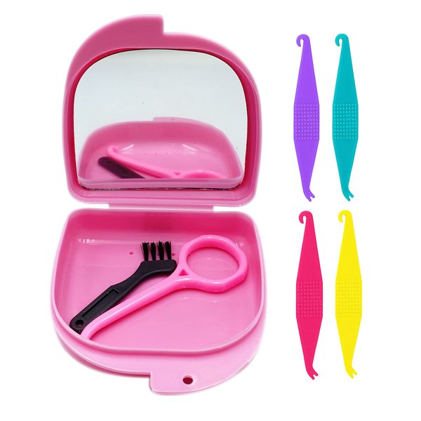 HRASY Oral Care Disassembly Kit/7pcs Including 1 Retainer Case With Mirror and Vent Holes | 1 Aligner Remover Tool | 4 Elastic Rubber Bands Placers | 1 Cleaning Brush (Pink)