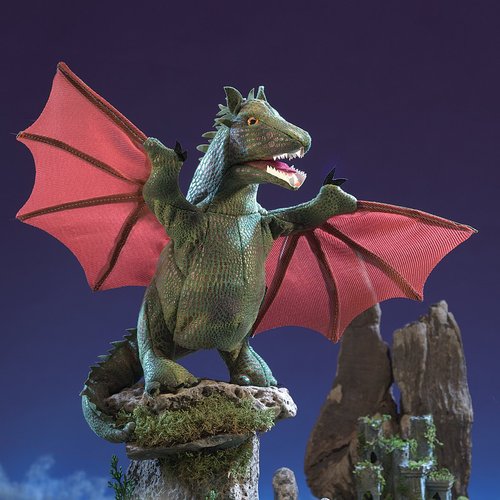 Folkmanis Winged Dragon Hand Puppet, Green, red, 1 ea
