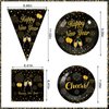 Rainmae New Years Party Supplies, 2025 Black and Gold New Years Disposable Tableware, Including Dinner Plates, Dessert Plates, Napkins, Cups Tablecloth for New Years Eve Party Supplies Decor Serves 20