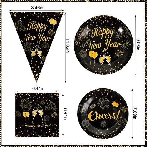 Rainmae New Years Party Supplies, 2025 Black and Gold New Years Disposable Tableware, Including Dinner Plates, Dessert Plates, Napkins, Cups Tablecloth for New Years Eve Party Supplies Decor Serves 20