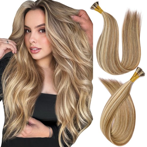 MioYio I Tip Hair Extensions Human Hair 30G/Pack Human Hair Itip Human Hair Extensions #P7/60A Pre Bonded I Tip Real Hair Extensions Long Straight Chocolate Brown to Caramel Blonde 14Inch