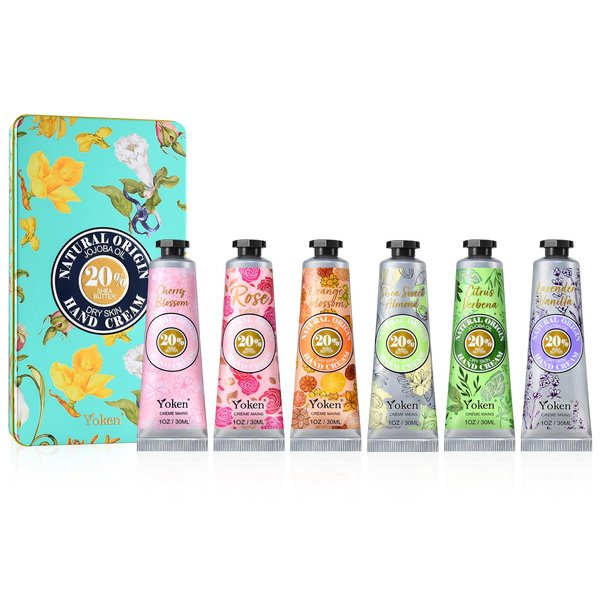 Yoken 20% Shea Butter Hand Cream Gift Set, Instant Moisturizing Hand Cream for Women Dry Hands with Delicate Tin, Floral-Scented Hand Lotion 6 x 1 OZ