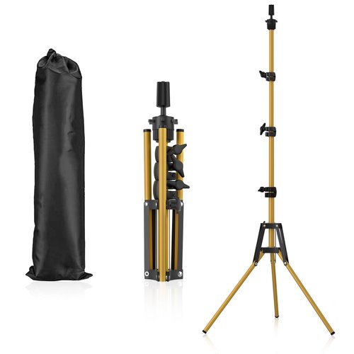 Reinforced Mannequin Head Stand, Wig Stand Tripod, Adjustable Floor Holder, Manikin Stand for Cosmetology Hairdressing Training (Golden Metal)