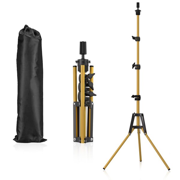 Reinforced Mannequin Head Stand, Wig Stand Tripod, Adjustable Floor Holder, Manikin Stand for Cosmetology Hairdressing Training (Golden Metal)