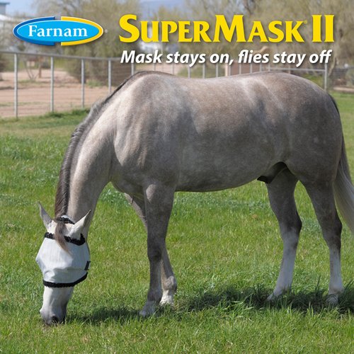 Farnam SuperMask II Shimmer Weave Mesh Horse Fly Mask Without Ears, Eye Protection from Insect Pests, Soft Silver Mesh with Black Plush Trim, Horse Size