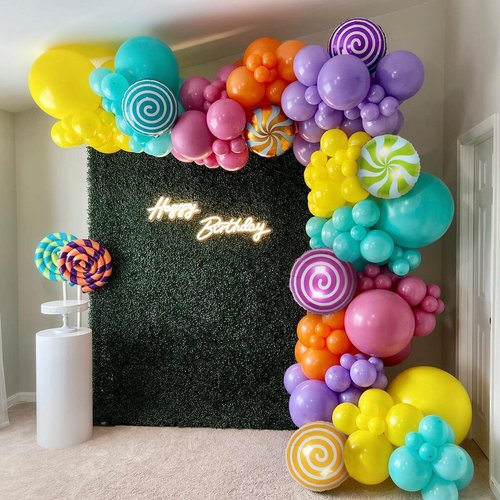 PageebO Candy Rainbow Balloon Garland and Arch Kit-141 pcs Yellow Blue Orange Rose Red Purple Macaron Balloons with Lollipop Balloons for Candy Theme Baby Shower Birthday Party Supplies