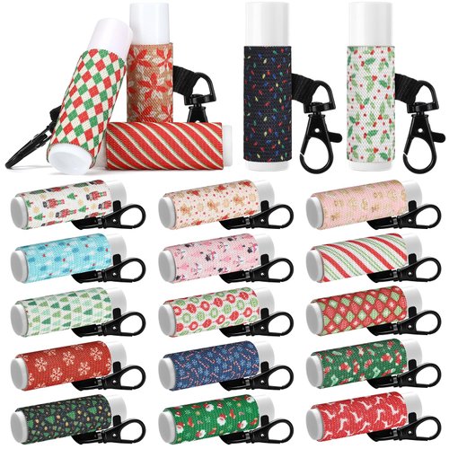Sureio 20 Pieces Christmas Lip Balm Holder Keychain Bulk Clip on Lip Gloss Holder Keychain Tight-knit Elastic Lipstick Holder Xmas Lip Balm Holder Sleeves Gifts for Friends Backpacks Bottle