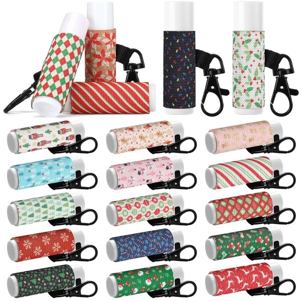 Sureio 20 Pieces Christmas Lip Balm Holder Keychain Bulk Clip on Lip Gloss Holder Keychain Tight-knit Elastic Lipstick Holder Xmas Lip Balm Holder Sleeves Gifts for Friends Backpacks Bottle