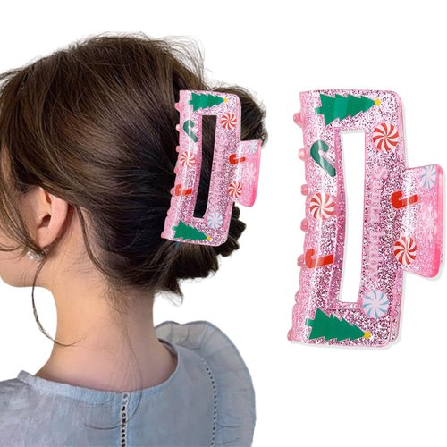 Christmas Hair Clips Square Winter Hair Claw Clips for Thick Hair Shiny Pink Christmas Hair Accessories for Women Xmas Tree Candy Snowflake Design French Hair Hairpin for Christmas Hair Decor 1pcs