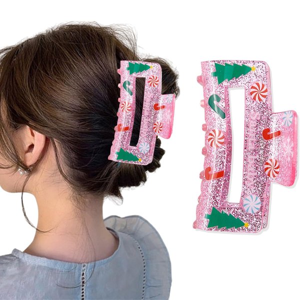Christmas Hair Clips Square Winter Hair Claw Clips for Thick Hair Shiny Pink Christmas Hair Accessories for Women Xmas Tree Candy Snowflake Design French Hair Hairpin for Christmas Hair Decor 1pcs