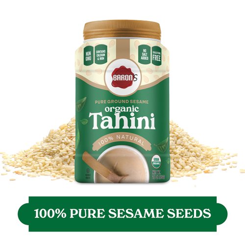 Baron's usda organic tahini pure sesame paste | rich & creamy for hummus, baba ghanoush & dressings | kosher, vegan, unsalted ground seeds | gluten- & peanut-free, keto-friendly (1 Pound (Pack of 2))