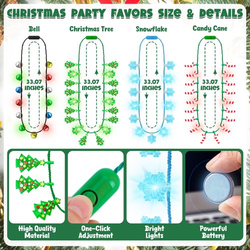 8PCS Christmas Accessories, 3 Modes Christmas Light Up Necklace, LED Christmas Kids Party Favors, 6 Bulbs Christmas Necklaces That Light Up Snowflake Xmas Tree Glow Necklaces for New Year Party