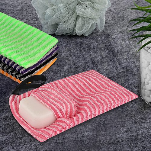 Linkidea 5 Pack Stripes Soap Bag for Soap Bars Bulk Pack, Wholesale Multi-Pack Exfoliating Sponge Body Scrubber Shower Soap Bag with Lanyard, Mesh Soap Saver Pouch for Foaming & Drying Soap Bags