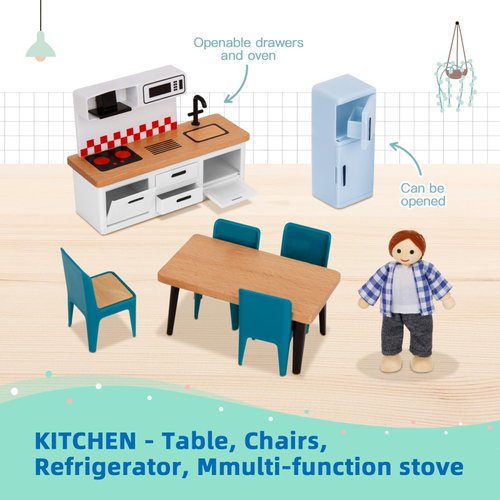 OOOK Wooden Dollhouse Furniture Set for Kids, 26 Pcs Dollhouse Accessories with 4 Family Dolls and Dog, Miniature Doll House Furniture Toys Pretend Play Set for G irls Boys Age 3+