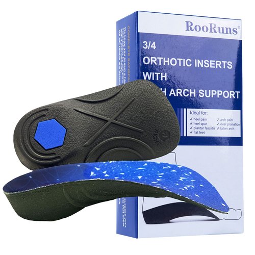 RooRuns Orthotic Inserts 3/4 Length, High Arch Support Foot Insoles for Over-Pronation Plantar Fasciitis Flat Feet Heel Pain Relief Shoe Inserts for Running Sports,S(Men 5-6/Women 6-7)