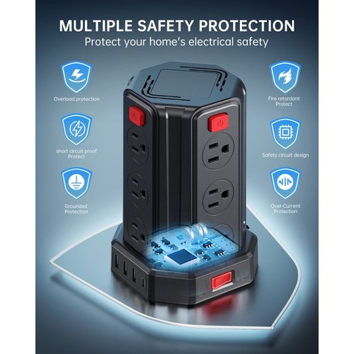 Power Strip Surge Protector, 10 Ft Extension Cord with 12 AC Multiple Outlets 4 USB (1 USB C), SMALLRT Power Tower Desktop Charging Station, Home Dorm Room Office Essentials, Desk Accessories Black