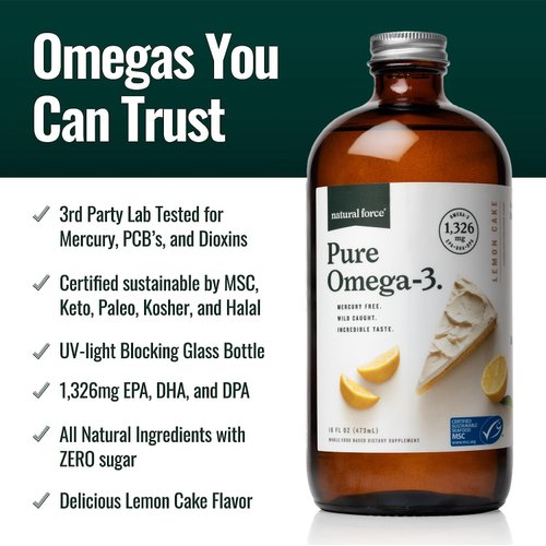 Natural Force Pure Omega 3 - Liquid Fish Oil - Delicious Lemon Cake Flavor - Mercury Free, Wild Caught, Lab Tested - 1,326 mg Triglyceride EPA, DHA, & DPA - 16 Oz Glass Bottle