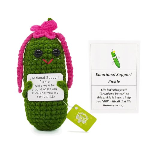 KALAWALK Funny Crochet Pickles 1 Pcs with Affirmations Cards for Inspirational Novelty Good Luck Gift and Party Decorations (KK-CKD04- REDCUM)