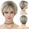 GNIMEGIL Short Blonde Pixie Cut Wigs for White Women with Bangs Dark Roots Old Lady Wig Natural Synthetic Ombre Layered Hairstyles Cosplay Costume Party Halloween Daily Use